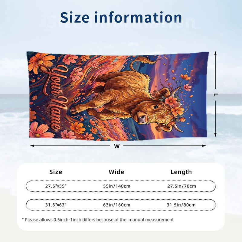 Cow Highland Theme Beach Towel Personalized Custom Name & Text Soft Quick Dry Beach Towel for Swimming Travel