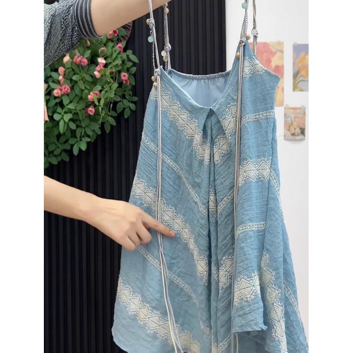 Irregular Print Pleated Camisole - Women s Versatile Sleeveless Summer Top Medium светло-синий