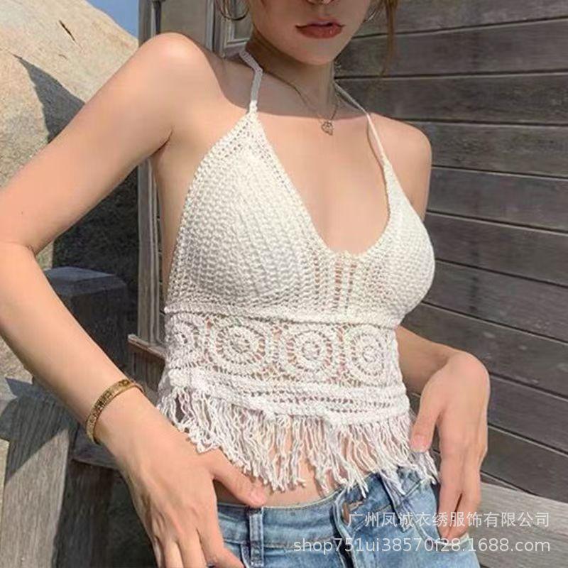 Be careful with the machine versatile vacation women's summer new suspender hollow crochet embroidery short vest women