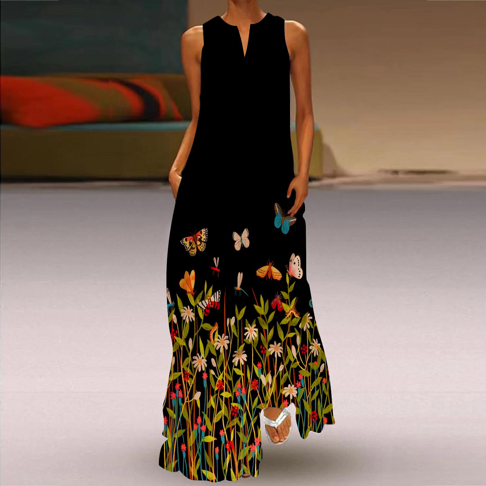 

Жіноча сукня трапеції максі без рукавів з квітковим принтом, осінь і зима, V-подібним вирізом, стиль ретро, ​​елегантний M чорний