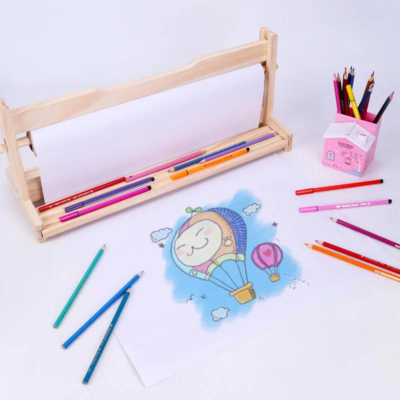 Wooden Paper Roll Dispenser Art with Paper Roll Craft Paper Roll Holder Tabletop Easel for Kids Suitable for Drawing