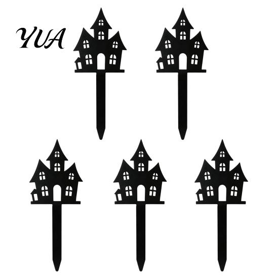 Unique Halloween Gifts for Gardeners 5Pcs Planter Stakes, Acrylic Garden Sign Outdoor Yard Lawn Backyard, Party Decor Ghost House Black Cat Silhouette