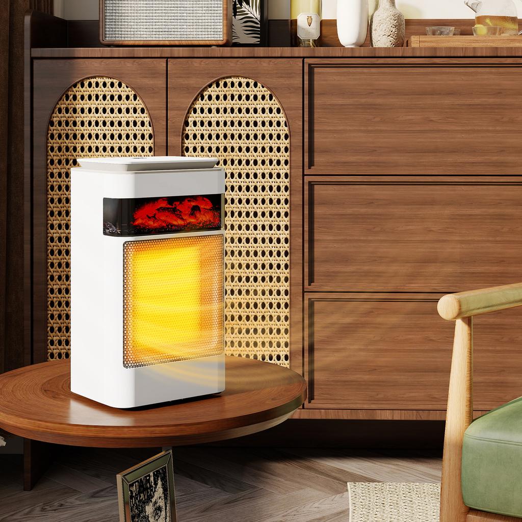 Ceramic Electric Heater, 1500W Fan Space Heater with 3 Modes, 24H Timer, Flame Effect, Oscillation for Bedroom, White