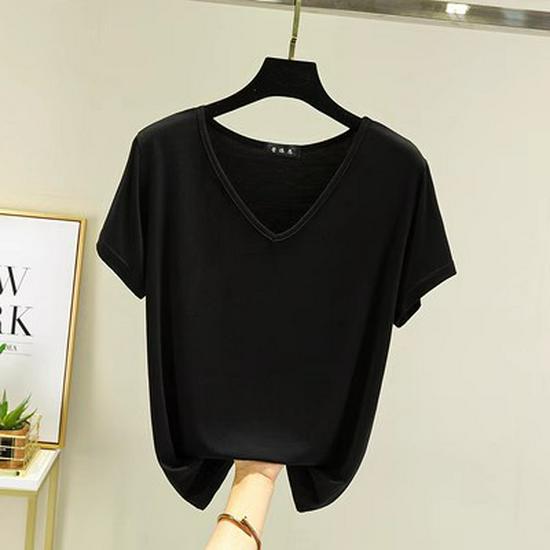 Women's Plus Size V-Neck Modal T-Shirt - Short Sleeve, Loose Fit, Thin Layer, Korean Style