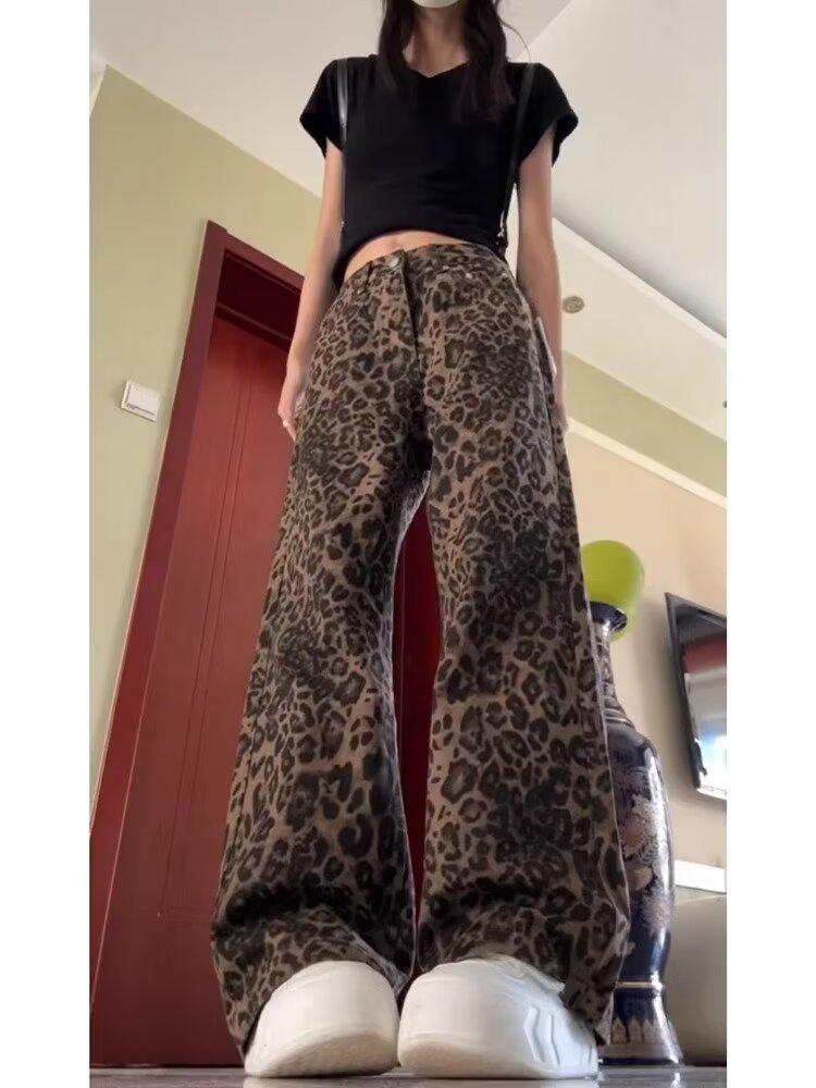 

Женские джинсы прямого кроя с леопардовым принтом и высокой посадкой, маленького размера, коллекция весна/осень 2024 2XL коричневый