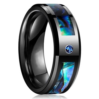Fashion 8MM Men Black Stainless Steel Abalone Shell Rings Inlay Blue Cubic Zirconia Rings For Men Wedding Band Jewelry