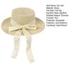 Sun Hat Lace Bow Decor Flat Top Wide Brim Straw Hat Hand-Woven Sunproof Windproof Summer Beach Picnic Basin Hat