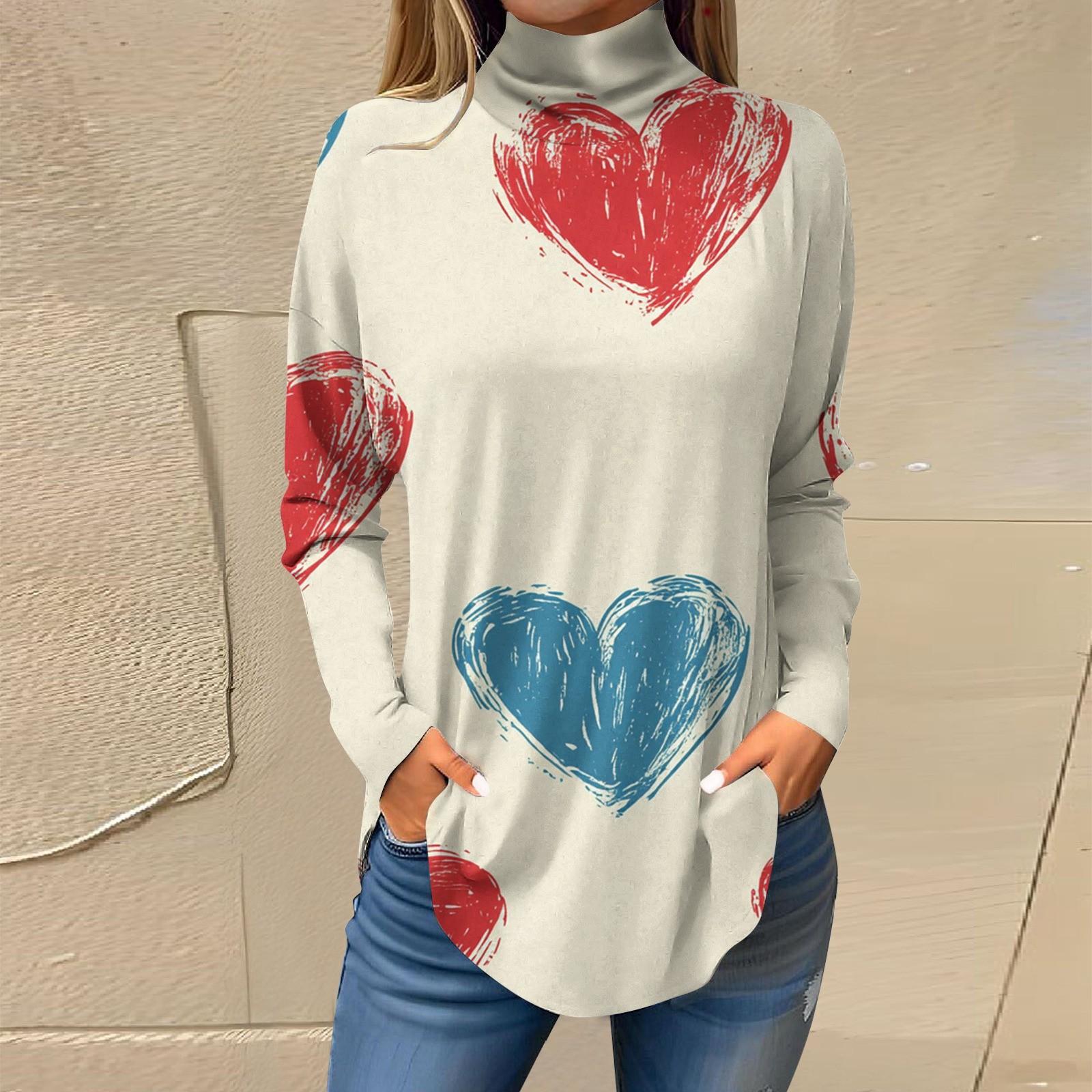 

Женская свободная водолазка с принтом ко Дню святого Валентина, футболка с длинными рукавами, топ и джемпер L бежевый