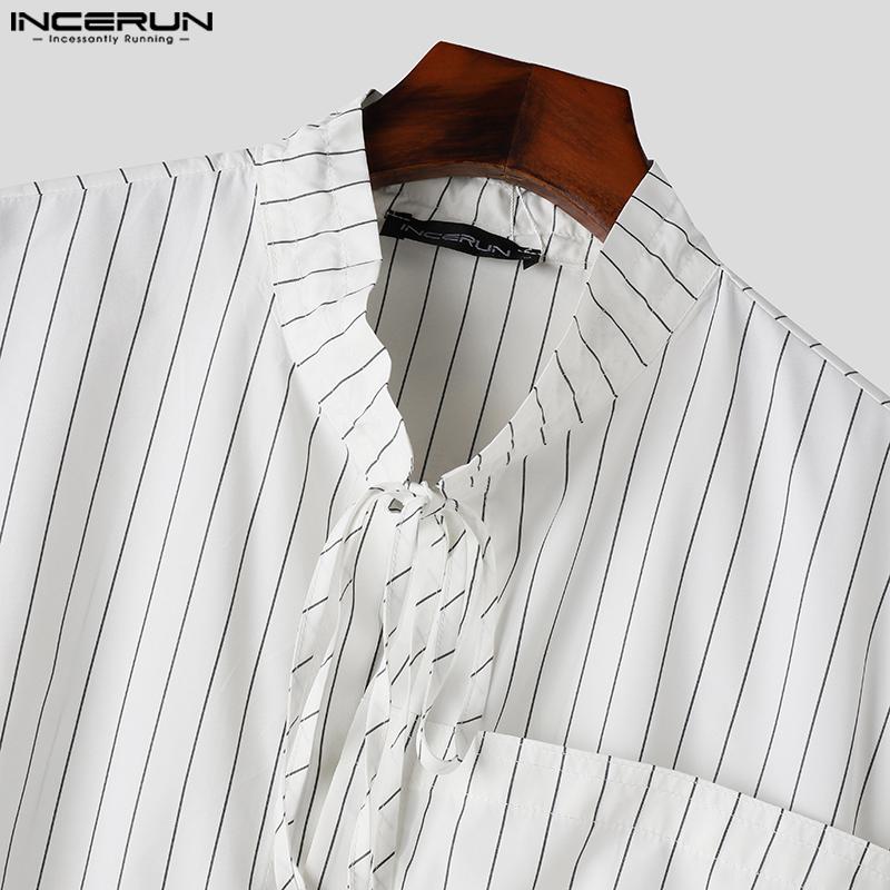 INCERUN Podzimní pánské stojací límeček s dlouhým rukávem pruhované košile Bagge Bandage Tops