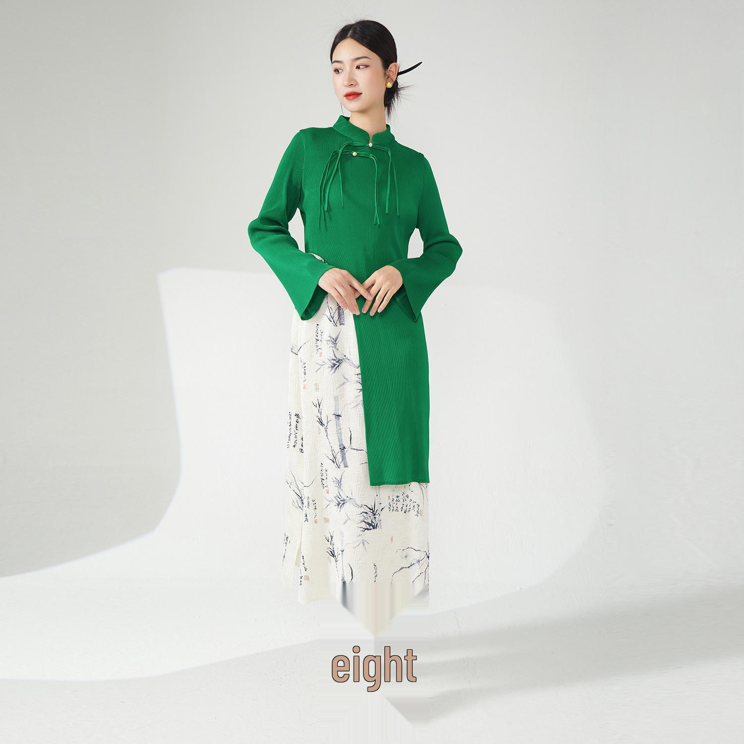 

Высококачественный женский ретро-комплект-двойка весна/лето: Асимметричный топ и плиссированная юбка-полусолнце Half Skirt зелёный