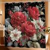 1pc Bathroom Shower Curtain, Floral Embroidery Frame Design, Red Festival Shower Curtain, Includes 12 Hooks, 180*180cm Bathroo