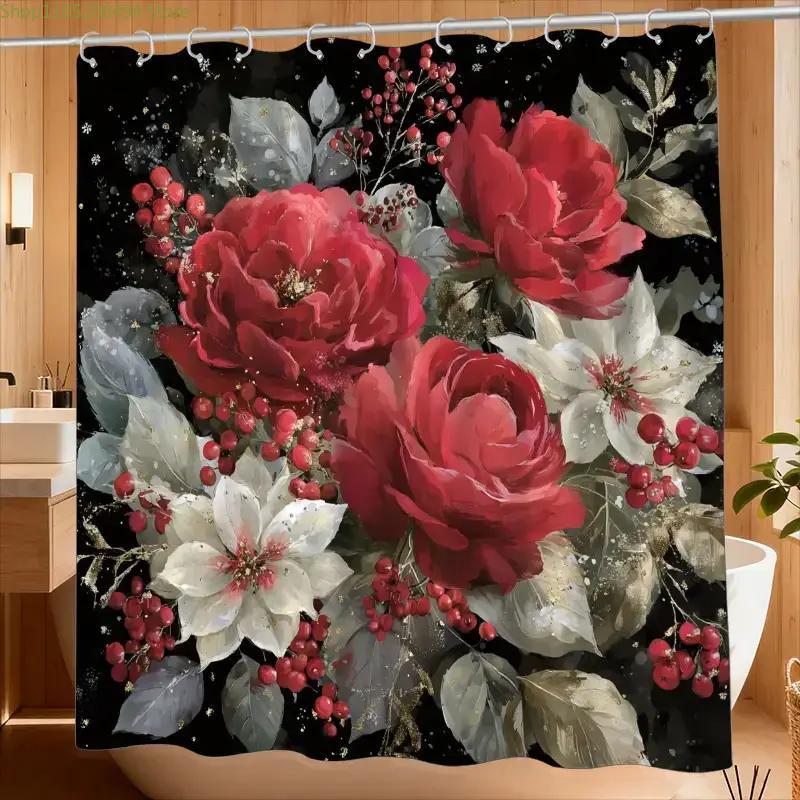 1pc Bathroom Shower Curtain, Floral Embroidery Frame Design, Red Festival Shower Curtain, Includes 12 Hooks, 180*180cm Bathroo