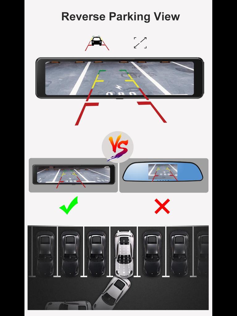 4K 12" Full-Screen Rearview Mirror with Dual-Recording Dashcam, Front ADAS, Rear BSD