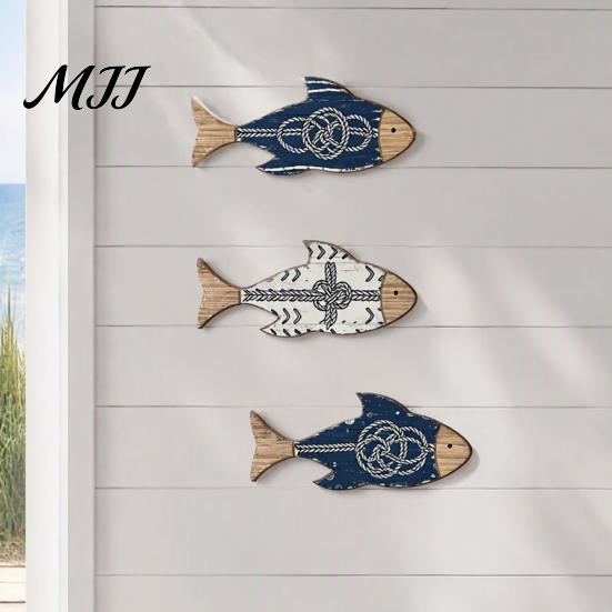 Ocean Inspired Home Accents 3Pcs/Set Wooden Fish Wall Decor, Nautical Knot Print Decorations, Coastal Beach House Ornaments Style Art for Bathroom