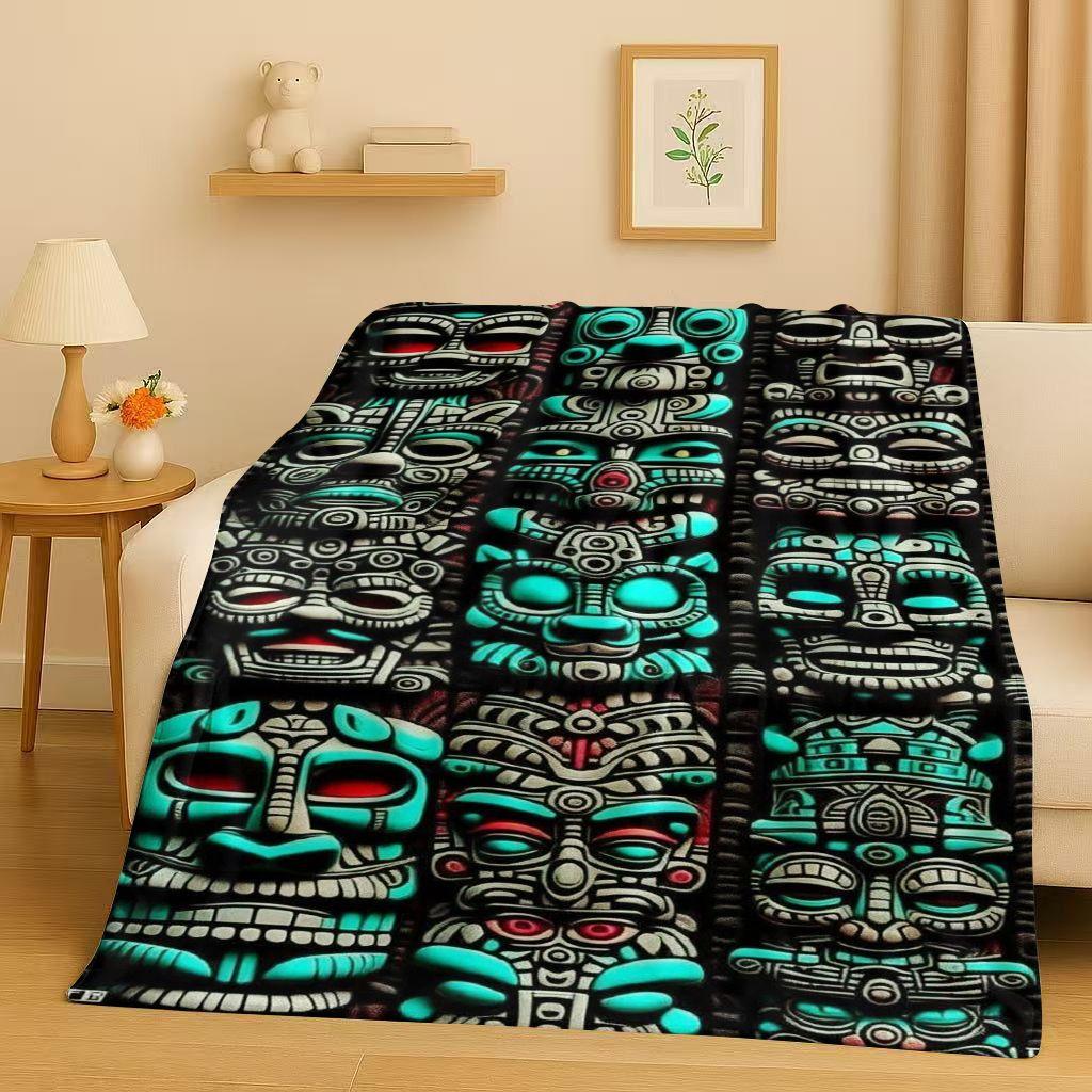 Retro Aztec Totem Maya Mask Sun God Flannel Blanket,Ultra Soft Warm Plush Throw for Home Bedroom Bed Sofa Cover Office Gift Kids