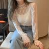Women's Polka Dot Mesh Top: Long-Sleeved, Semi-High Neck, Layered Lace for Spring & Autumn