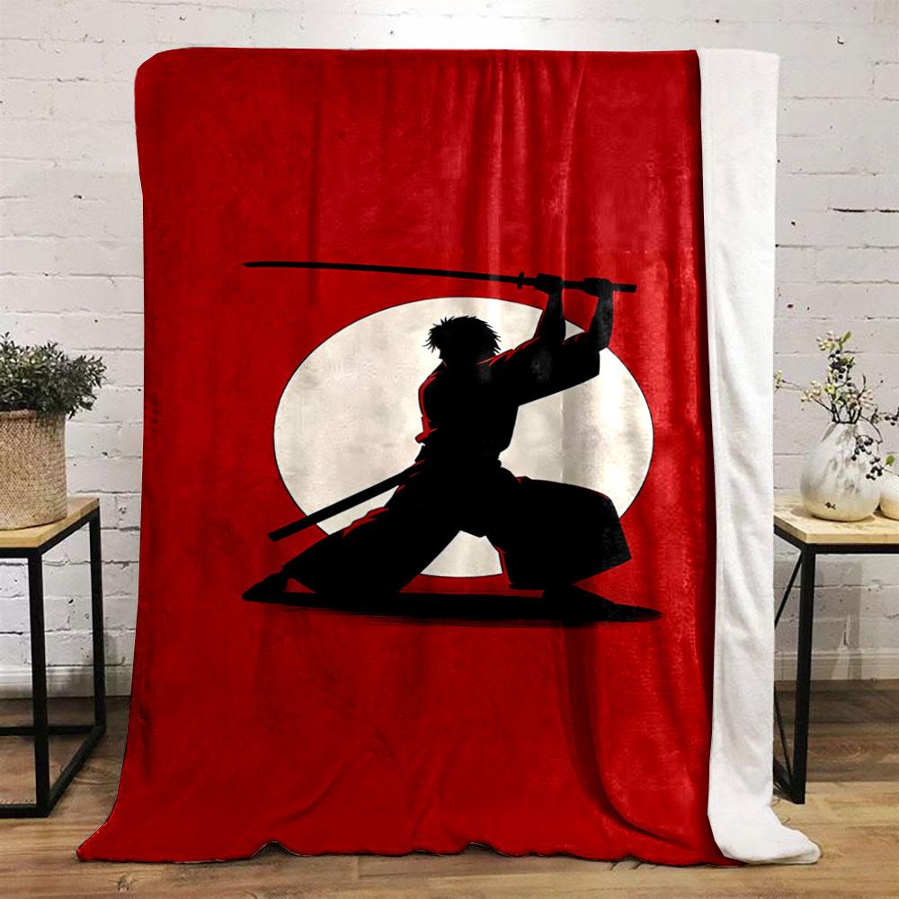 Silhouette of a kneeling samurai with a sword, set against a red background. for all seasons blanket lunch break throw gift