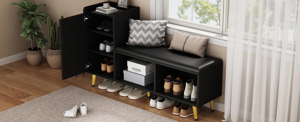 (=N625P235824B) Black High-Gloss Entrance Shoe Cabinet, Multi-Tier Shelf with Padded Seat, Shoe Changing Bench Gold Accessories for Entrance