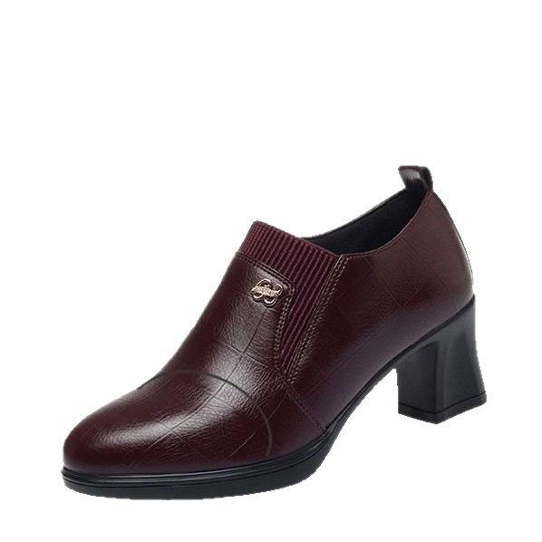 Soft leather mother thick heel leather shoes burgundy deep mouth single shoes 2025 autumn new fashion women's leather shoes middle-aged women's shoes