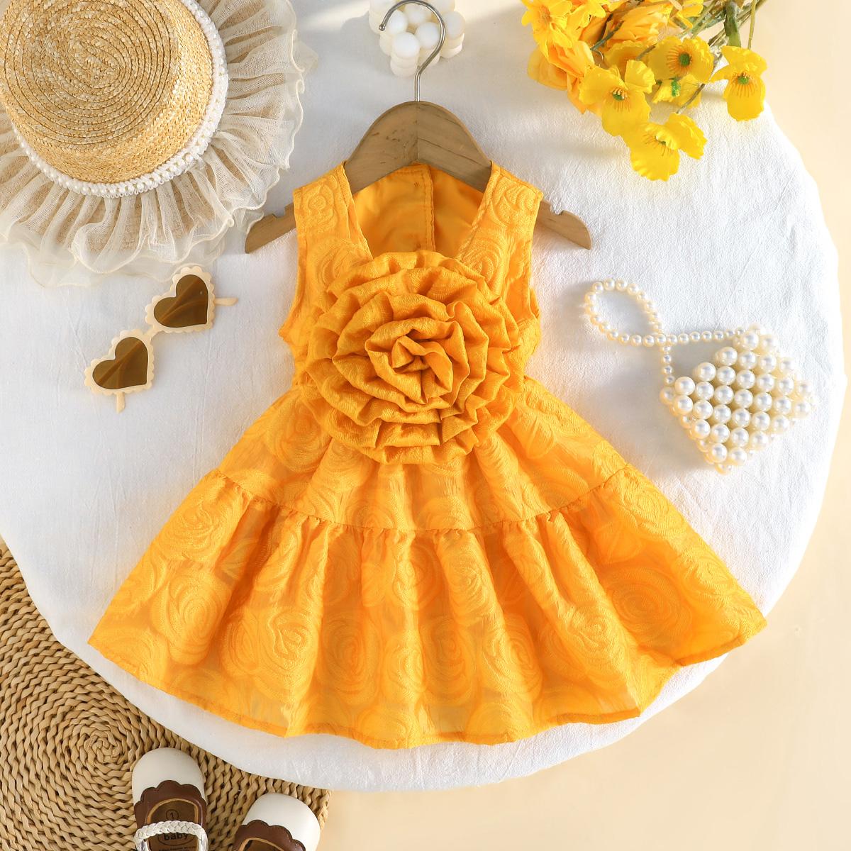 Baby Girls Sleeveless Jacquard Dress with 3D Flower, Casual Summer Ruffle Skirt Outfit 6-9M хром желтый