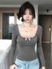 Women's Slim Fit Bow Square Neck T-shirt - Contrast Color, Long Sleeve, Waist Cinched, Sweet and Spicy Style, 260g Cotton Modal.