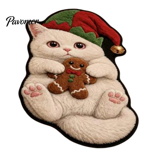 Kitchen Sink Rug Christmas Cat Shaped Rug, Plush Sleeping Absorbent Bathroom Mat, Xmas Lovers Gift Hat Kitty Non-slip Washable Area for Bedroom,