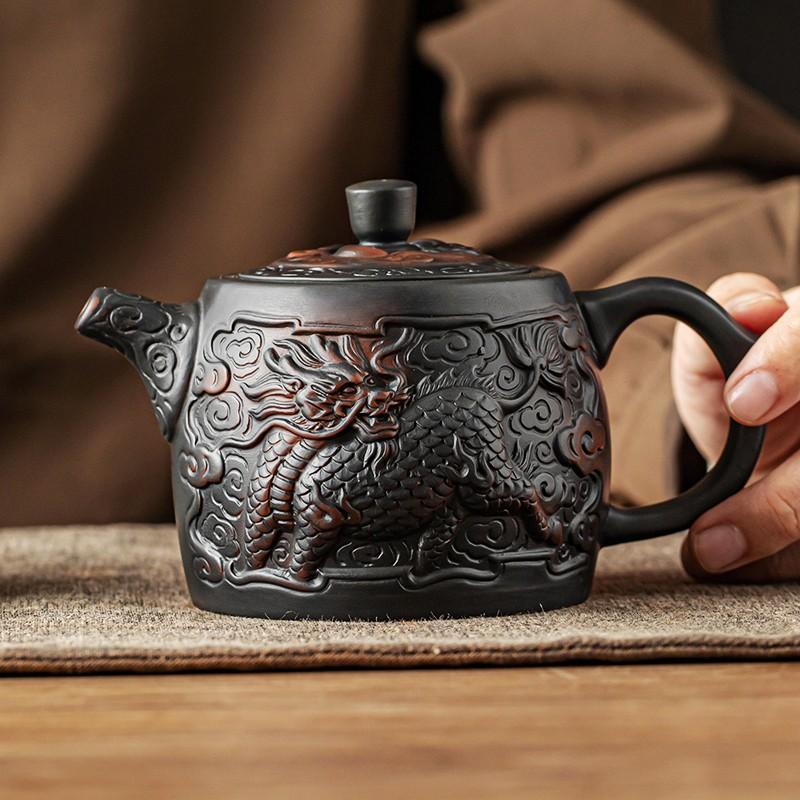 Jianshui Clay Purple Pottery Carving Dragon Teapot Hand Painted Antique Relief Teapot Household Teapot Kungfu Tea Set Kettle