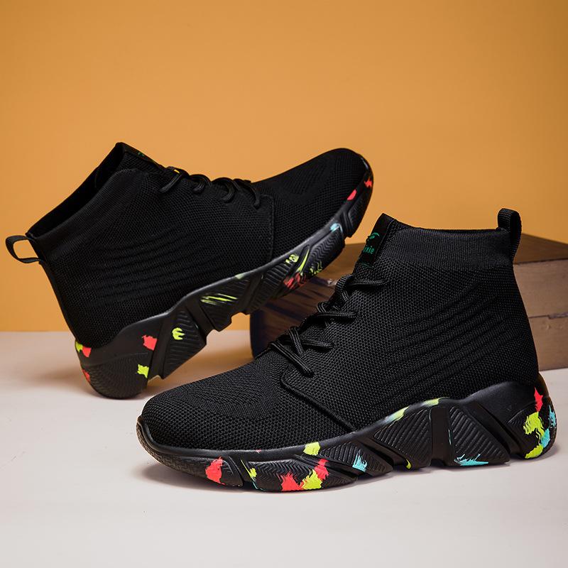 Couple High-top Fly-woven Velvet Sneakers, Straps, Socks, Large-size Cotton Shoes, Men's and Women's Autumn and Winter Casual Shoes