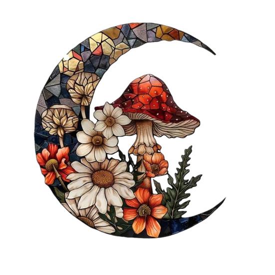 Crescent Moon Acrylic Suncatcher with Mushroom Wildflowers Stained Glass Effect