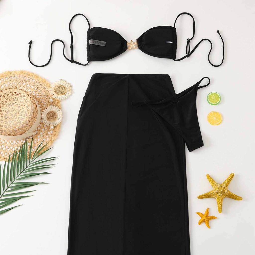 3 Piece Swimsuits for Women Summer Strap Bikini Top High Waist Bottom Cover Up Skirt Bathing Suit Set