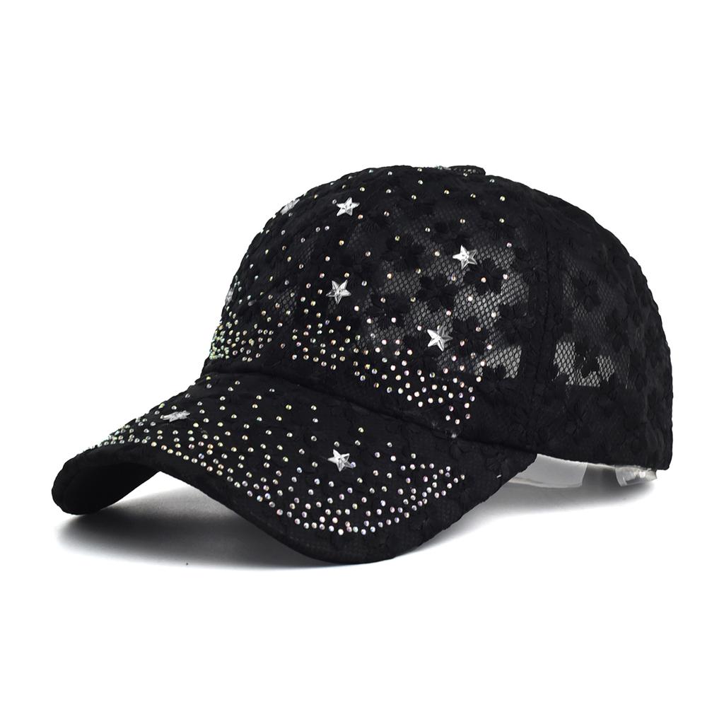 Shiny Rhinestone Lace Flower Baseball Cap Hollow Out Breathable Adjustable Ladies Spring Summer Hats