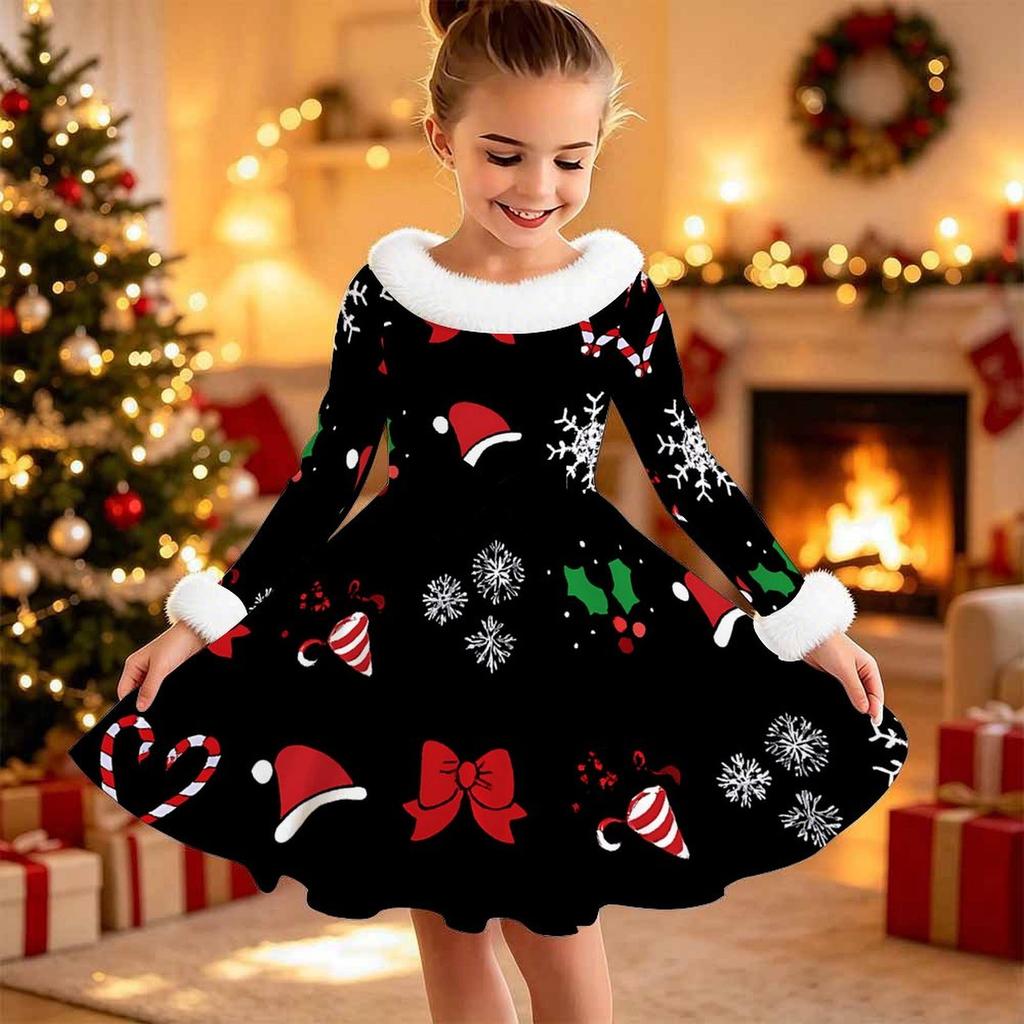 Kids Long Sleeve Christmas Dress, Snowman Print Faux Fur Collar Bow Decor Princess Dresses for Girl Holiday Party Wear