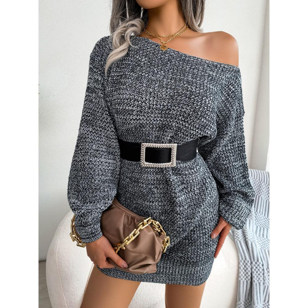 Осенне-зимнее повседневное трикотажное платье-свитер с однотонным воротником и открытыми — фото 4