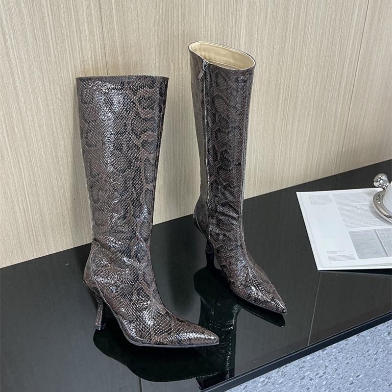 Fashion New Mixed Color Snake Patterned Side Zipper Knee High Boots Autumn Winter European American Fashion Pointed High-heel Long Boots