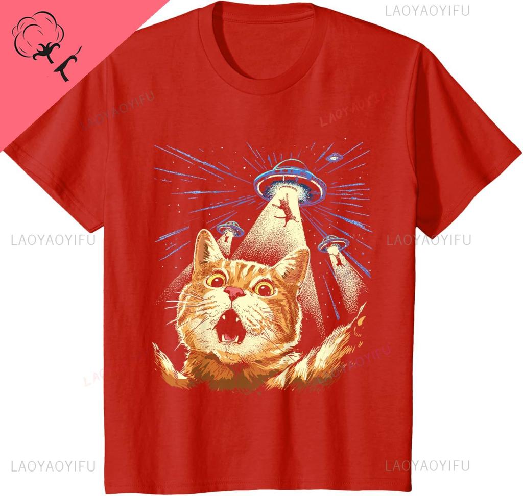 Alien Cat Shirt Funny Invasion Cat Selfie Ufo Abduction Tshirt Couple Kawayi Breathable And Comfortable Cotton Printed Tshirt