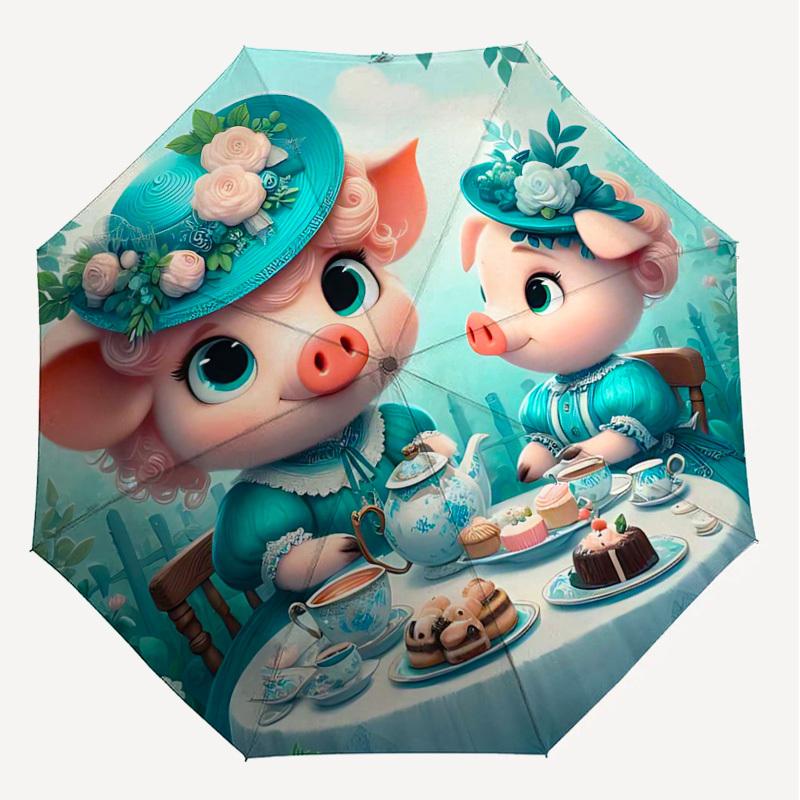 1PC Tea Party Pig Umbrella-8-Rib Reinforced, Automatic Open, Lightweight & Durable, Cute Fashion Accessory for Outdoor-T371