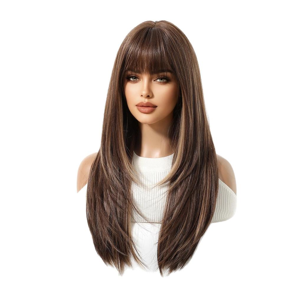 Women's Long Layered Curly Wig with Straight Bangs, Brown Highlights, Full Head Cover, Machine-Made with Chemical Fiber Rose Net, 2026 Hot Style.