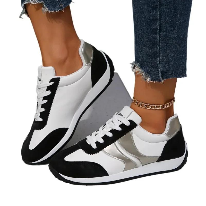 

Обувь для женщин 2024 Смешанный цвет Круглый носок Плоская с Женская повседневная обувь На шнуровке Женская вулканизированная обувь Уличные женские кроссовки 42 чёрный