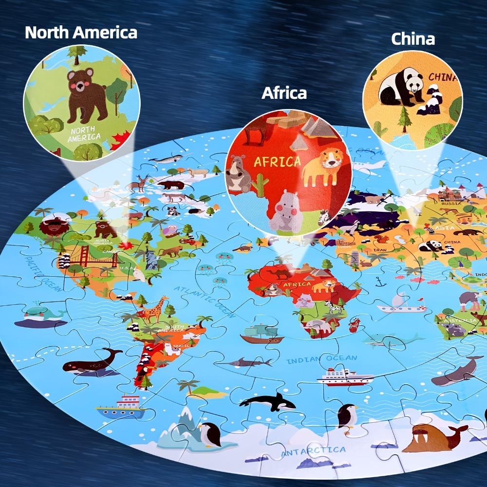 Map World With Animals Jigsaw Puzzle For Kids 70Pcs Round Floor Puzzles For Boys Girls Globe Geography Games Educational Toy
