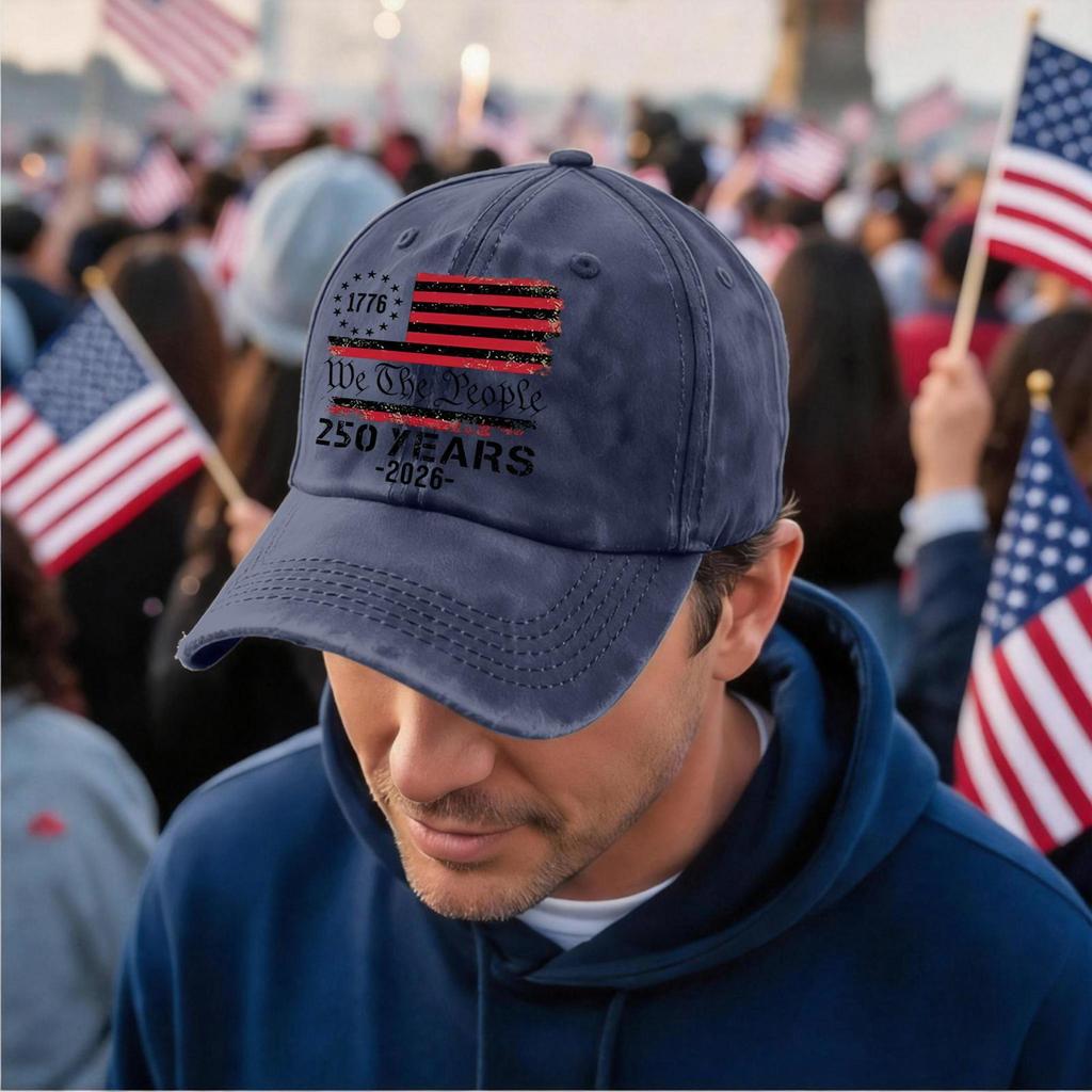 Adjustable Vintage Baseball Cap with Embroidered 1776 We The People 250 Years 2026 Flag Print Distressed Style Hat for Adults