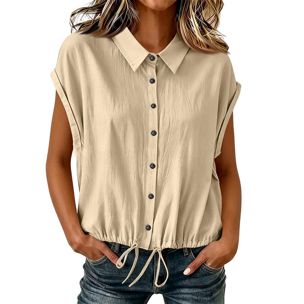 Camicia Casual da Donna a Bottoni Manica Corta Orlo con Coulisse Vestibilità Rilassata Top Leggero per l'Uso Quotidiano