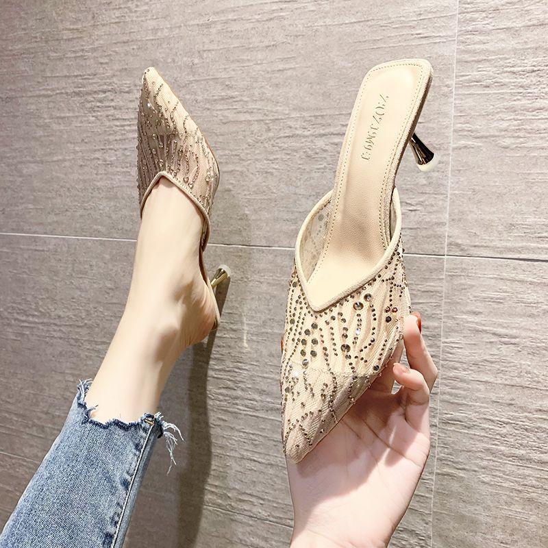 

Baotou half slippers women s summer mesh breathable lace outer wear pointed tip thin heel high heels Muller fitting cool slippers tide 39 абрикосовий