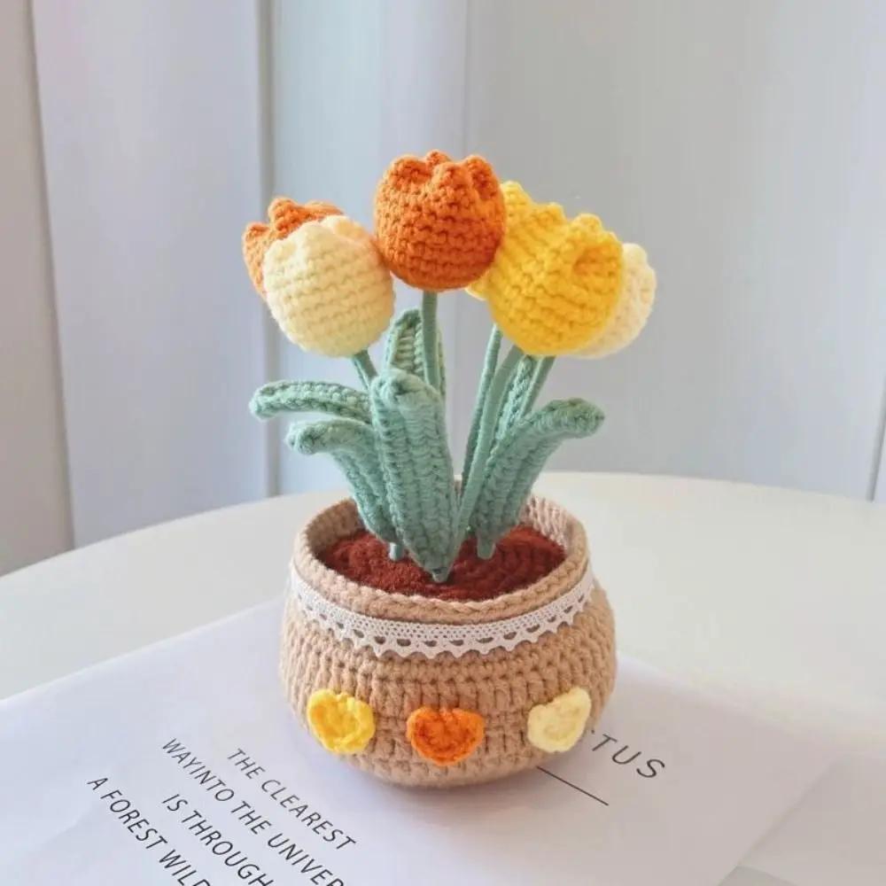 Handmade Tulip Potted Flower Bundle Decoration DIY Crochet Material Bag Self Made Decoration