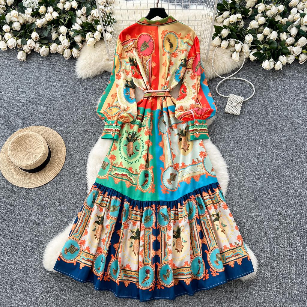 Frühling Sommer Damen Marke Designer Vintage Print Laufstegkleid Umlegekragen Lang Maxi Hemd Partykleider