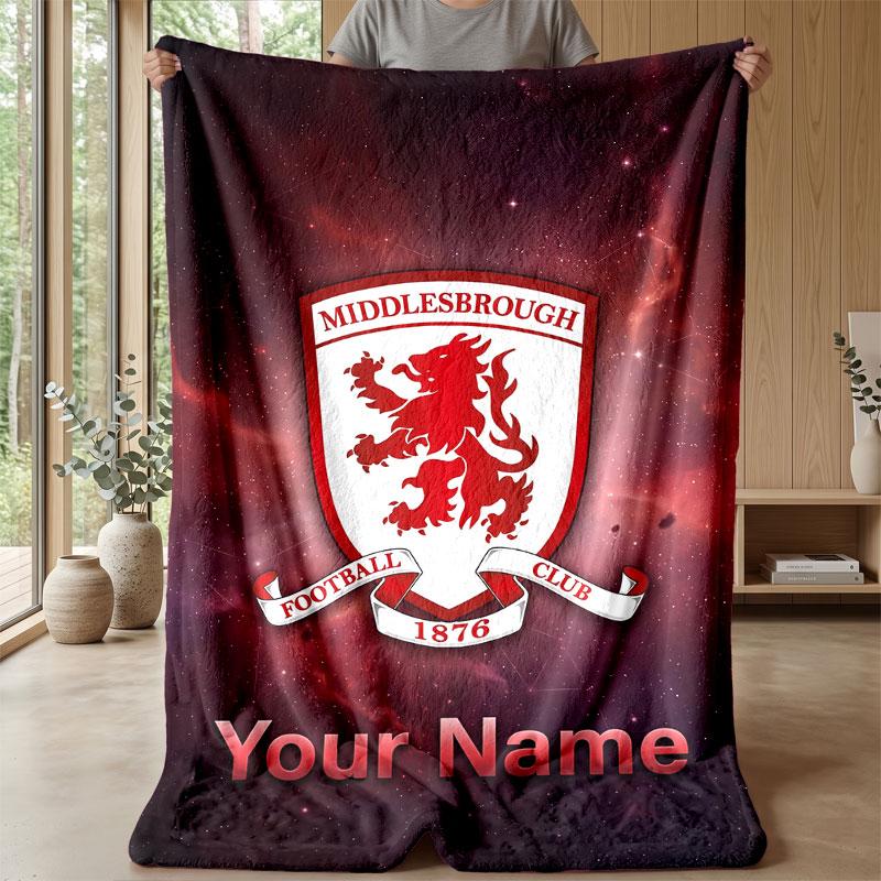 Middlesbrough FC Custom Name Text Flannel Blanket Soccer Logo Personalized Fleece Throw Blanket Special Gift For Sofa Bedroom Home