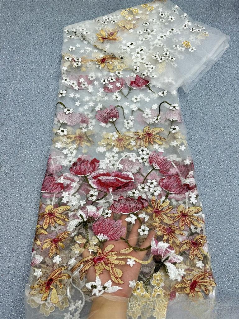 1/3/5yards Flower Embroidery Fabric Soft Tulle Nigerian Lace Fabrics Bridal Wedding Dress Cheongsam Prom Dress Applique Crafts
