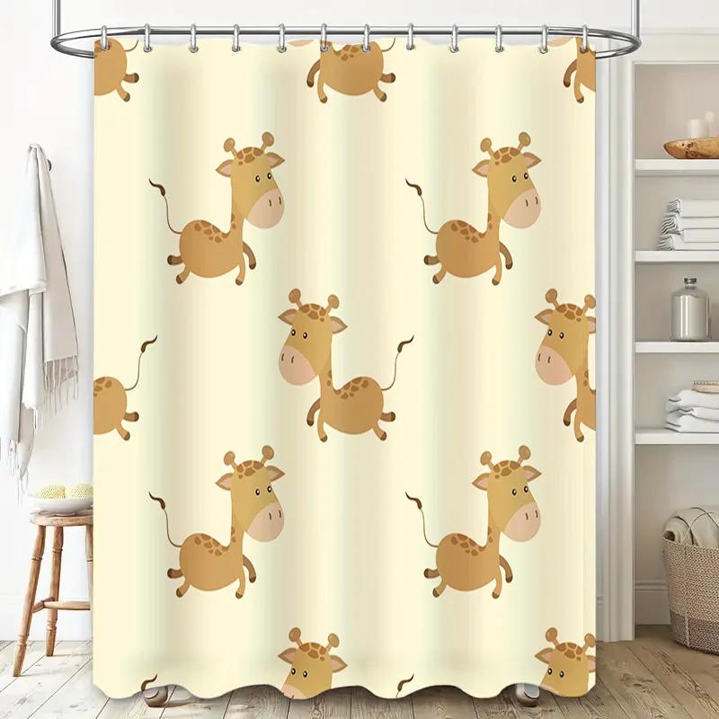 Bathroom Decor Shower Curtain Cute Cartoon Animal Kids Bath Mat Waterproof Print Design Home Decorative Waterproof Fabric Giraff