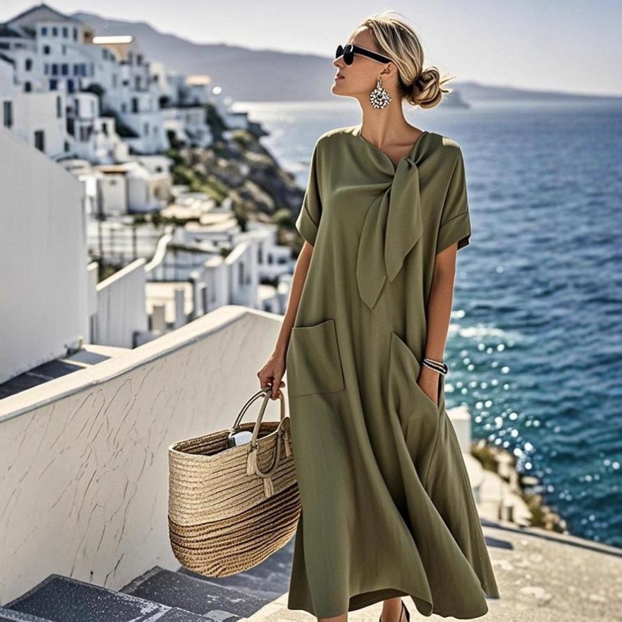 2026 Elegant Bow Pocket Short-Sleeved Loose Long Dress for Spring and Summer
