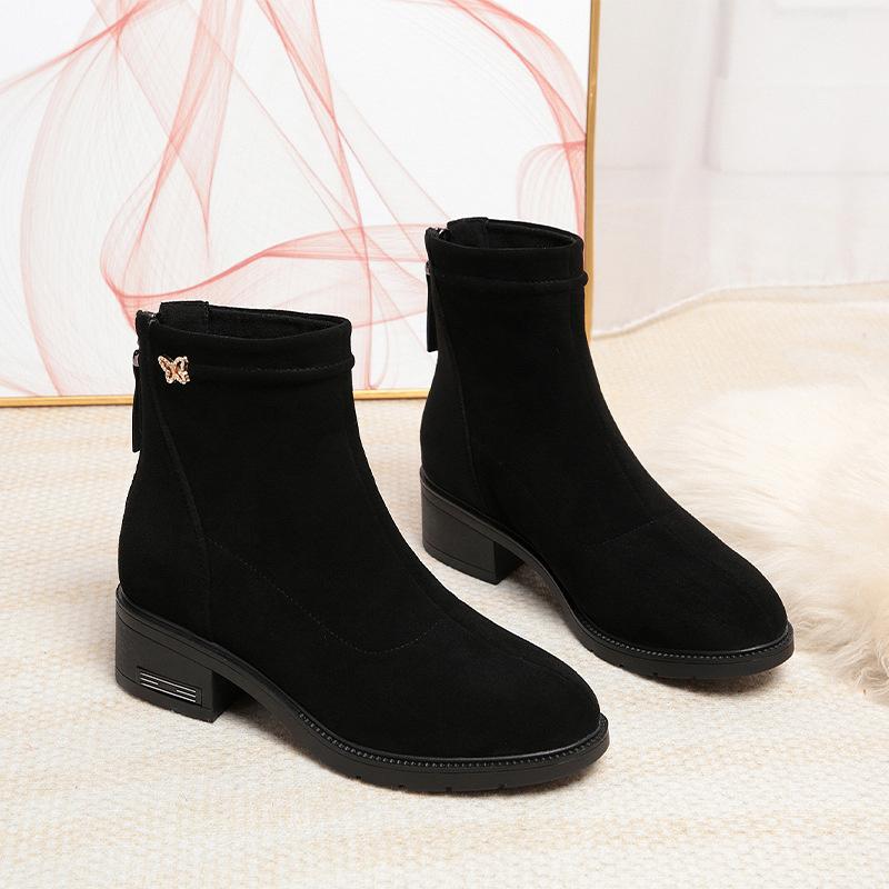Women's Autumn Winter New Low Heel Comfortable Plush Velvet Fashion Black Suede Short Boots Zipper Warm Snow Boots