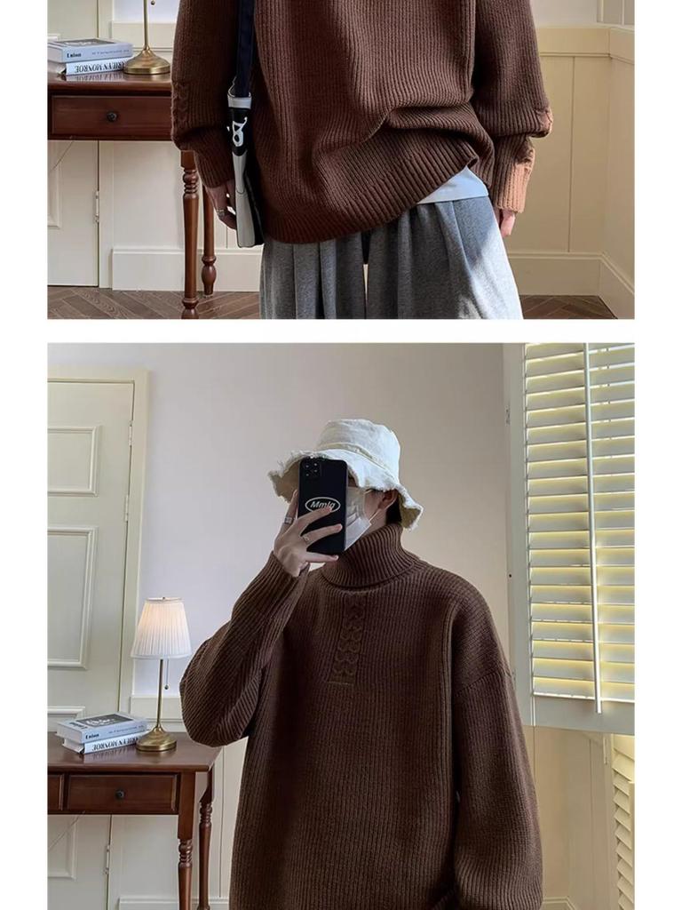 Pánský černý rolák - Ležérní, volný, všestranný, silný trendový pletený top s jelení kožešinou, hongkongského stylu, ideální pro podzim/zimu